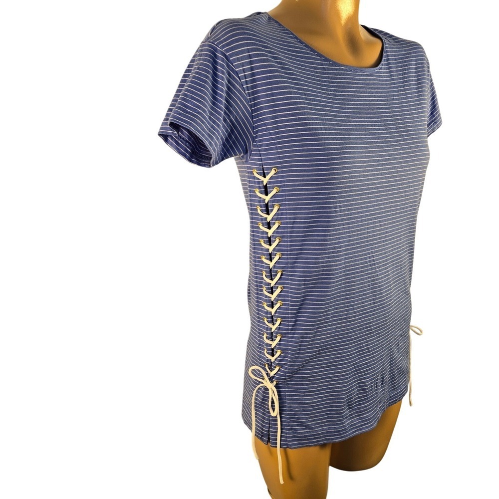 J Crew Striped Lace Up Bow Tie Sides Short Sleeve Round Neck Tee Top‎ Blue XXS